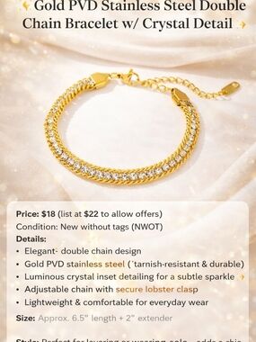 ✨ Gold PVD Stainless Steel Double Chain Bracelet w/ Crystal Detail ✨